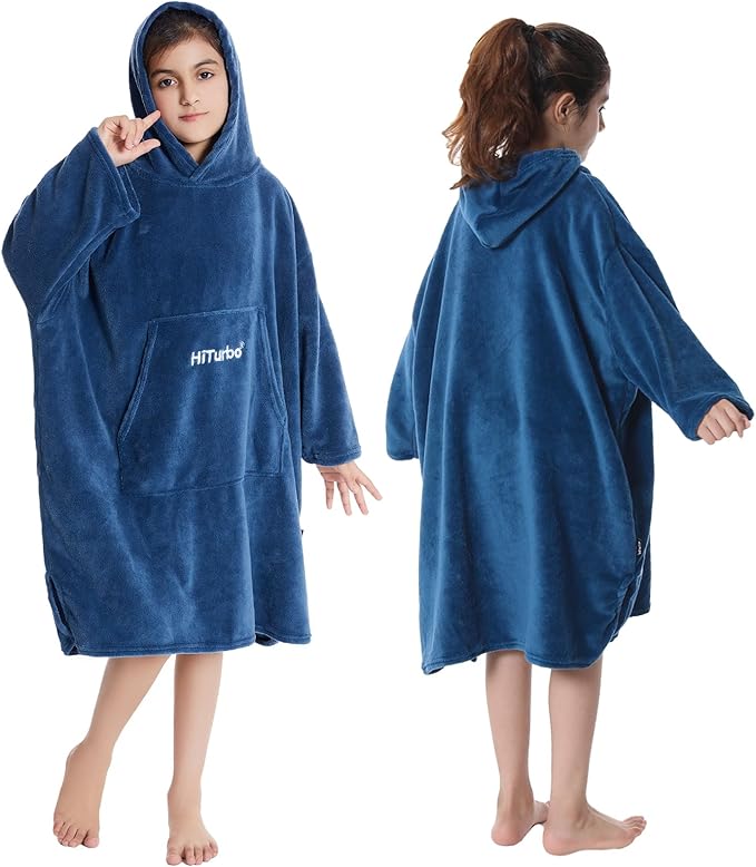 Photo 1 of **MSRP 29.99** Hiturbo Kids Towel Changing Robe: Soft Plush Wearable Blanket - Warm Coral Fleece Hoodie - Swim Surf Poncho for 5-12 Years (Navy)
