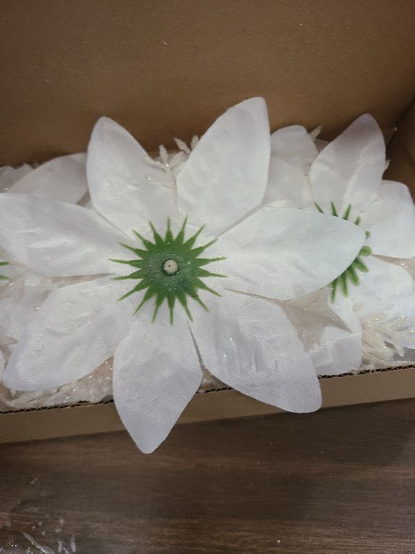 Photo 1 of 18 PCS Artificial Christmas Poinsettia Flowers - Tree Decorations With Glitter and Clips - White Ornaments for Xmas Decor