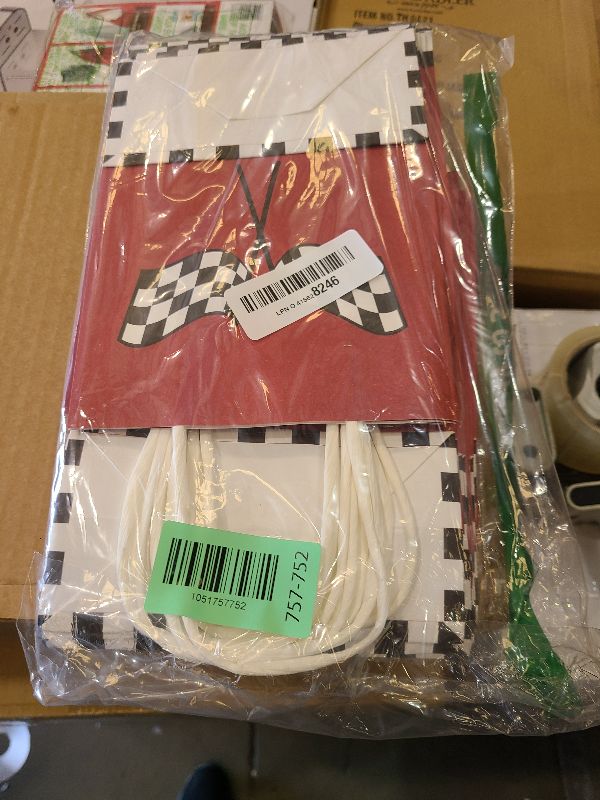 Photo 1 of 24 PCS Race Car Gift Bags Checkered Racing Flag Treat Bags Race Car Themed Party Favors Goodie Candy Paper Bag with Handles for Racing Themed Birthday Party Supplies