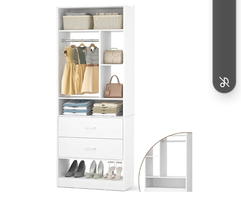Photo 1 of 24 Inches Closet System with 2 Wood Drawers, 2FT Small Closet Organizer System with 6 Shelves, Walk-in Closet Systems for Small Closets, Built-In Garment Rack, White (24"L x 15"W x 80"H)
