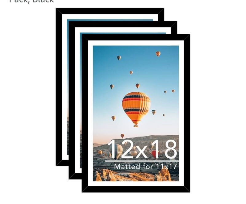 Photo 1 of 12x18 Picture Frame Set of 3 with 11x17 Mat, Display Photo 11x17 with Mat or 12 x 18 Without Mat, Wall Hanging Large 12 by 18 Poster Frame with Plexiglass, 3 Pack, Black
