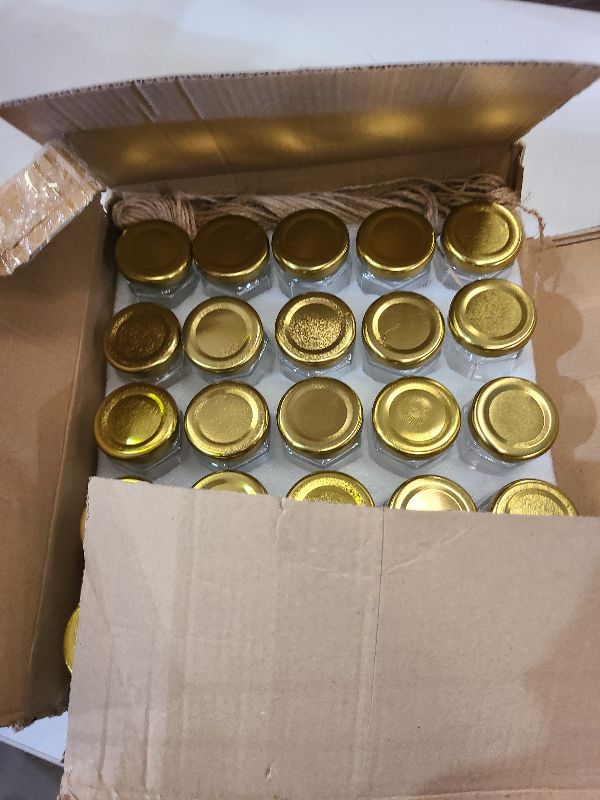 Photo 1 of 25Pack1.5oz Honey Jars,Mini Honey Jars With Dipper,Hexagon Glass Jar with Gold Lids,Glass Jar with Labels for Gifts,Wedding Favors,baby Favors and DIY Ideas