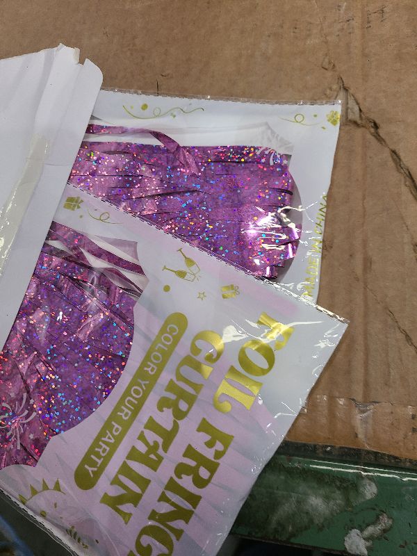 Photo 1 of 2 Pack Glitter Pink Backdrop, 3.28 FT x 7.05 FT Birthday Party Decorations, Laser Pink Fringe Curtains Foil Streamer Tinsel, Pink Curtains Photo Backdrop Happy Birthday Backdrop