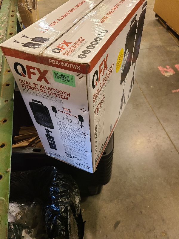 Photo 1 of QFX PBX-800TWS 8-Inch TWS Bluetooth Stereo PA System with 2 8" Speakers, 2 Microphones, 2 Stands, and a Remote Control