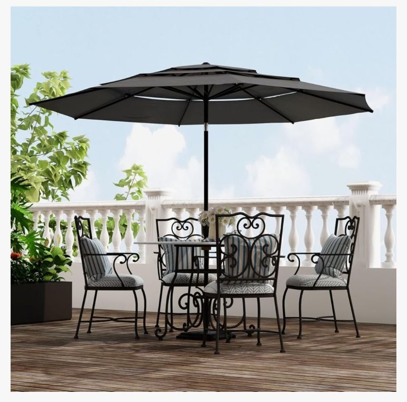 Photo 1 of 11FT Outdoor Patio Umbrella, Beach Market Table Sun Parasol Umbrella with 3-Layer Design, 8 Iron Ribs, Push Button Tilt and Crank for Sand, Pool, Garden, Backyard
