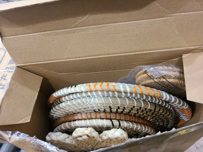 Photo 1 of 11 Pcs Boho Hanging Wall Basket Decor Handmade Woven Basket Wall Decorative Boho Wicker Baskets Placemats Round Farmhouse Bulrush Art for Rustic Home Decorations Christmas Gift(Cute)