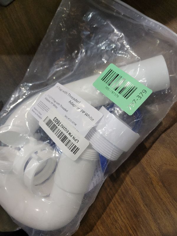 Photo 1 of (1 Pack) Yariwiz White P Trap 1 1/2 Inch for Bathroom Kitchen Sink Drain Pipe Tubular Kit with White Threaded Adapter and Blue TPE Washer KSD-001W
