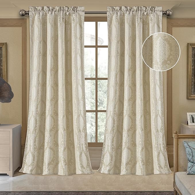 Photo 1 of **MSRP 89.99** Curtains for Bedroom, Beige Damask Curtains 2 Panels with Tiebacks, Elegant Window Curtain for Living Room Holiday Banquet Decor(79”Wx 83”L, 2 Panels)