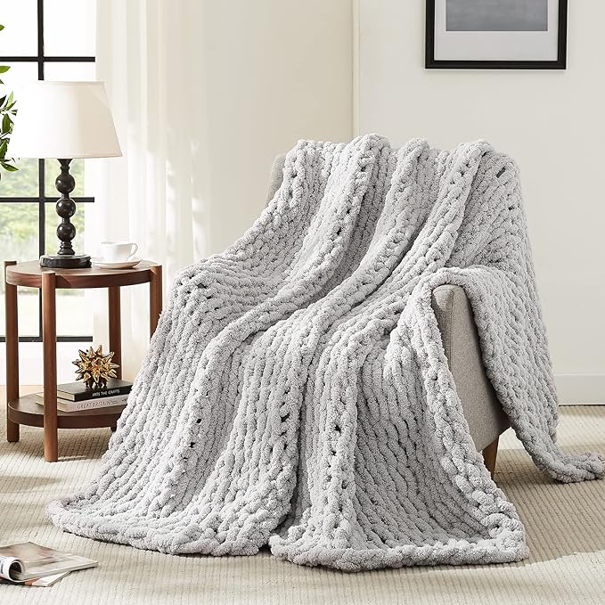 Photo 1 of **MSRP 30.67** L'AGRATY Chunky Knit Blanket Throw - Soft Chunky Throw Blanket 50''x60'': 100% Hand Kintted Chenile Crochet Throw Blanket for Couch - Large Cable Knit Chunky Blanket for Home Decor(Grey)