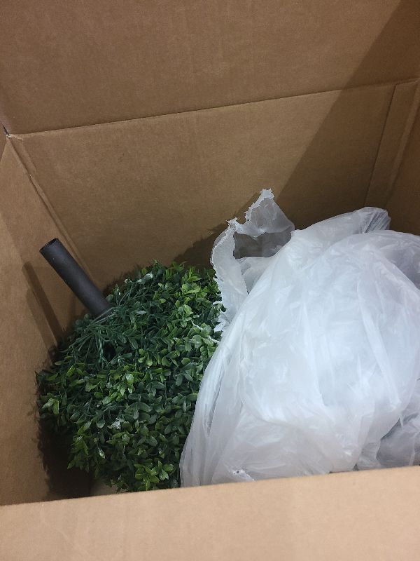 Photo 1 of 24" Artificial Topiary Boxwood Ball Tree with Ground Spike, Set of 2, UV Resistant Outside Fake Bushes Plants, Faux Cedar Balls Faux Shrubs Plastic Plants for Outdoor Indoor Front Porch Garden Decor