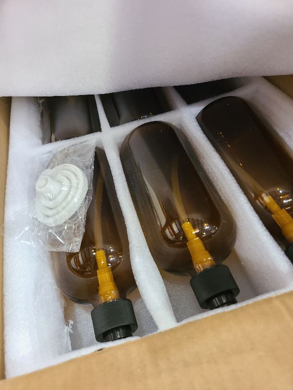 Photo 1 of 12 Pack Amber Glass Bottles 16oz with Pump Dispensers, Refillable Empty Pump Bottles for Bathroom, Kitchen, Shampoo, Soap, Lotion – Includes 2 Funnels & 12 Labels