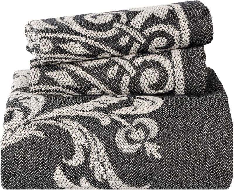 Photo 1 of (BLACK/DARK COLORWAY) Superior Cotton Blend 3-Piece Bedspread Set, Oversized Bedspread, 2 Matching Pillow Shams, Light Weight Blanket, Jacquard Traditional Medallion Bedding Decor, Adalie Collection, Full, Charcoal