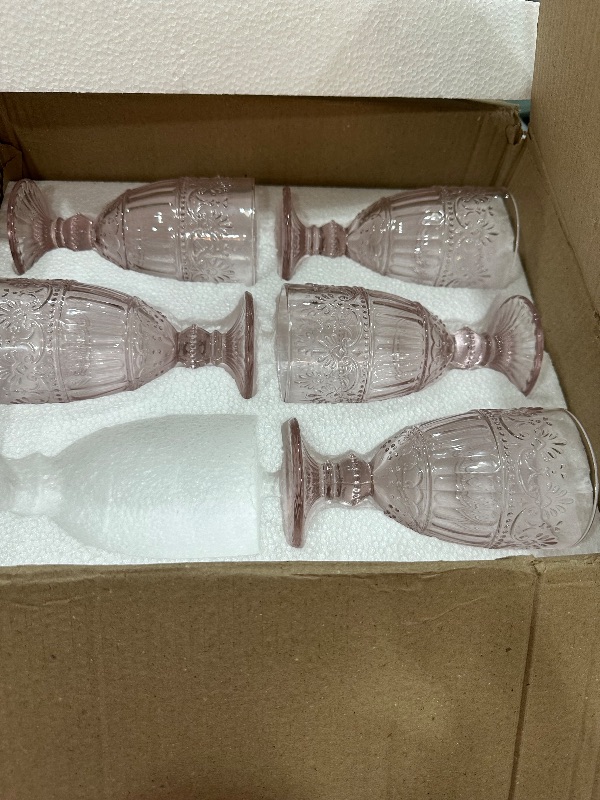 Photo 1 of ***missing one cup *****pin k set AVLA 6 Pack Glass Goblet, 12 OZ Vintage Wine Glassware, Romantic Wedding Glass Set, Drinking Stemware Beverage Cups for Party, Bar, Champagne, Juice, Beer, Cocktail, Embossed Design