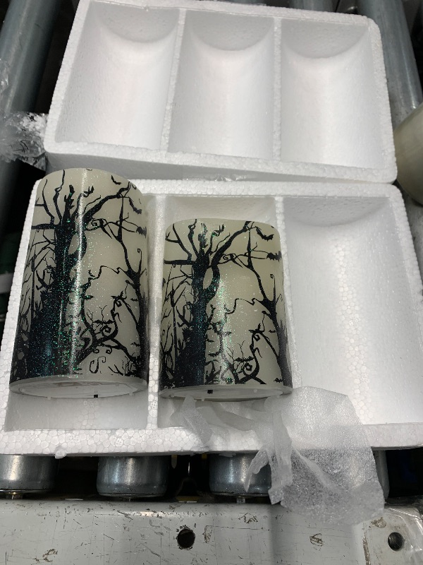 Photo 1 of (only one) Eldnacele Halloween Flameless Flickering LED Candles with 6-Hour Timer, Battery Operated Wax Candles Assorted Decals Witch, Bats, Castle Set of 3 for Decoration