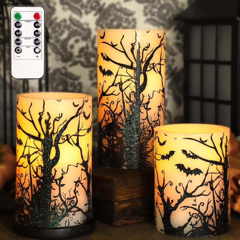 Photo 1 of (only one) Eldnacele Halloween Flameless Flickering LED Candles with 6-Hour Timer, Battery Operated Wax Candles Assorted Decals Witch, Bats, Castle Set of 3 for Decoration
