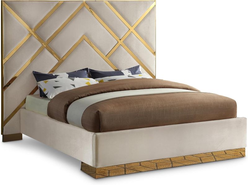 Photo 1 of ***PARTIAL SET BOX 2 OF 2 - PRICE ADJUSTED | TRUCK/TRAILER PICKUP ONLY*** Meridian Furniture VectorCream-K Vector Collection Modern | Contemporary Velvet Upholstered Bed, Custom Gold Metal Base and Polished Gold Metal Design, 97.5" W x 85.5" D x 68" H, Cr