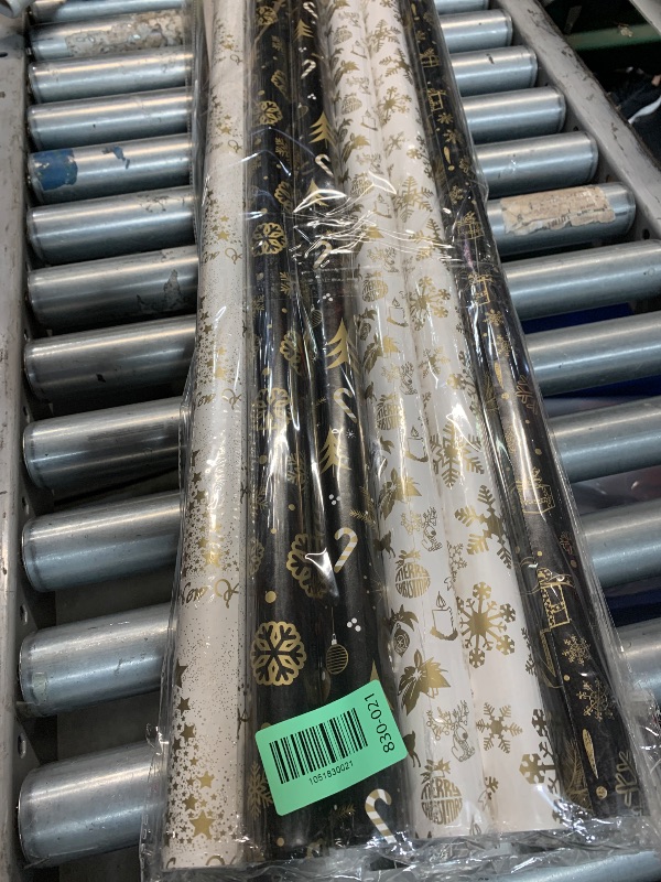 Photo 1 of (3 pack)HaloCasa 6 Rolls Black Gold White Christmas Wrapping Paper - 76cm x 3m Large Metallic Holiday Gift Wrap with Snowflakes & Trees Design, Includes Tags, Strings, Tape for Xmas Gifts Decorations