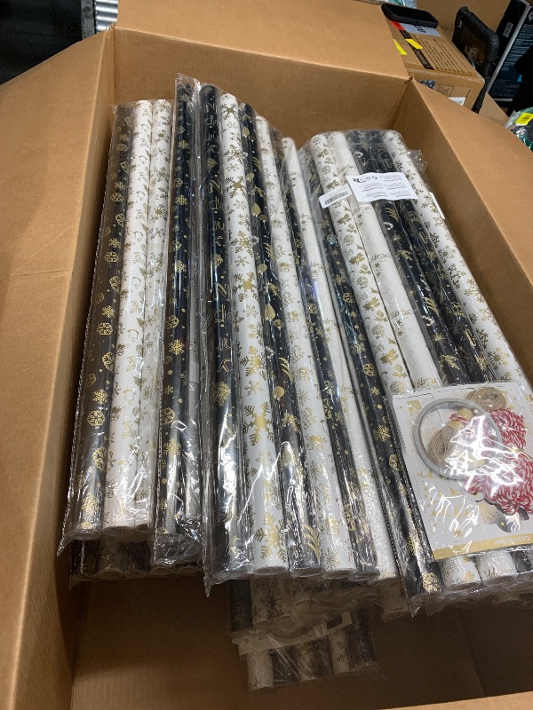 Photo 1 of (Box -26 pack bundle)HaloCasa 6 Rolls Black Gold White Christmas Wrapping Paper - 76cm x 3m Large Metallic Holiday Gift Wrap with Snowflakes & Trees Design, Includes Tags, Strings, Tape for Xmas Gifts Decorations