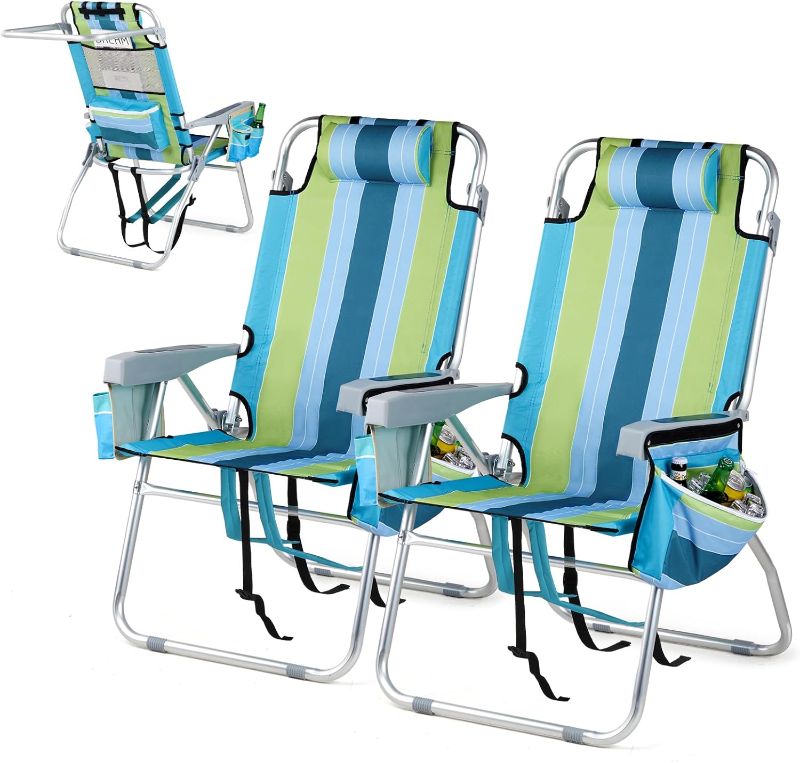 Photo 1 of ***(PARTIAL SET/ ONLY 1)***VINGLI Tall Beach Chair 2 Pack Lightweight, Backpack Beach Chair for Adults with 5-Position, Cooler Bag, Cup Holders, Towel Bar, Lightweight Folding Beach Camping Chairs ?Blue/Green-16