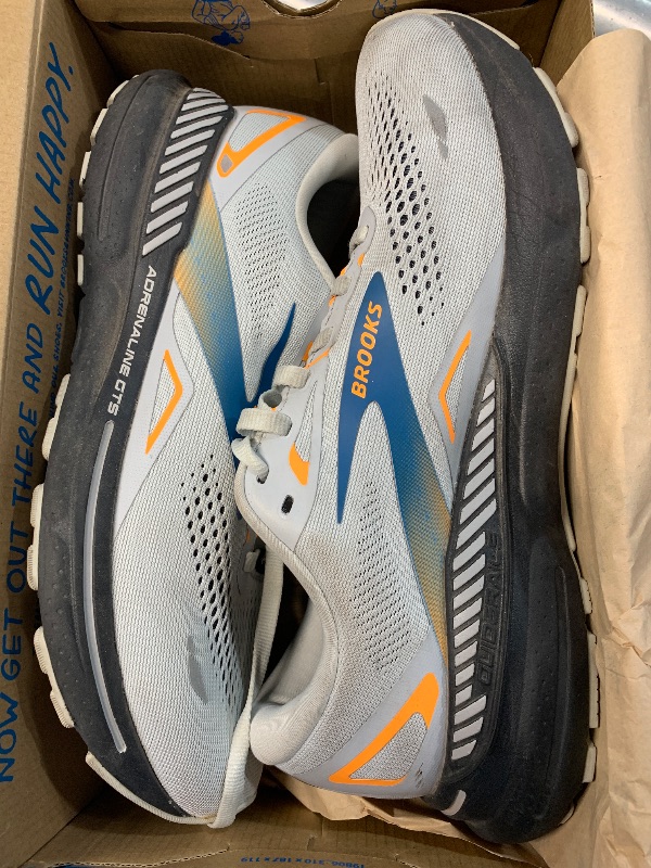 Photo 1 of (used)(see all images) Brooks Men’s Adrenaline GTS 23 GTX Waterproof Supportive Running Shoe - Oyster Mushroom/Orange/Blue - 10 Medium