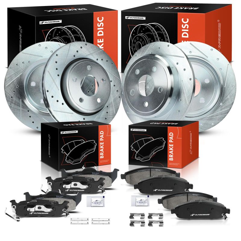 Photo 1 of ***MISSING PART ONLY ROTORS***A-Premium Front and Rear Drilled and Slotted Disc Brake Rotors + Ceramic Pads Kit Compatible with Select Jeep Models - Grand Cherokee 2005-2010, Commander 2006-2010, 12-PC Set
