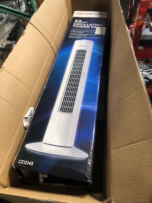 Photo 1 of (WHITE VERSION) (USED/FAIR) Comfort Zone Tower Fan for Bedroom, 32 inch, 3 Speeds, 90 Oscillation, Bladeless Indoor Fan, Built in Carry Handle, Portable Stand Fan, Black