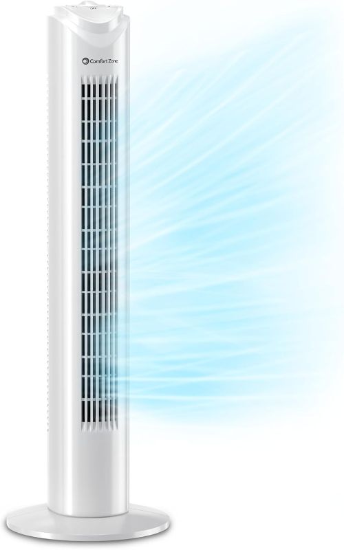 Photo 1 of (WHITE VERSION) (USED/FAIR) Comfort Zone Tower Fan for Bedroom, 32 inch, 3 Speeds, 90 Oscillation, Bladeless Indoor Fan, Built in Carry Handle, Portable Stand Fan, Black