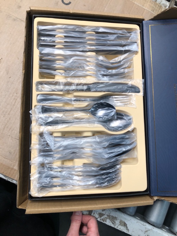 Photo 1 of (used/fair) (partial set) SDOM Silverware Set, Mirror Finish 24-Piece Stainless Steel Rounded Flatware Set for 6, Food-Grade Tableware Cutlery Set, Utensil Sets for Home Restaurant, Dishwasher Safe?Black?