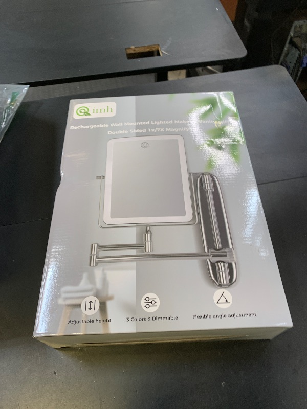 Photo 1 of Wall Mounted Lighted Makeup Mirror, Rectangle Double Sided 1X/7X Magnifying Bathroom Height Adjustable Mirror, Rechargeable 3 Color and Dimmable Lights, Extended Arm 360 Rotation Shaving Vanity Mirror