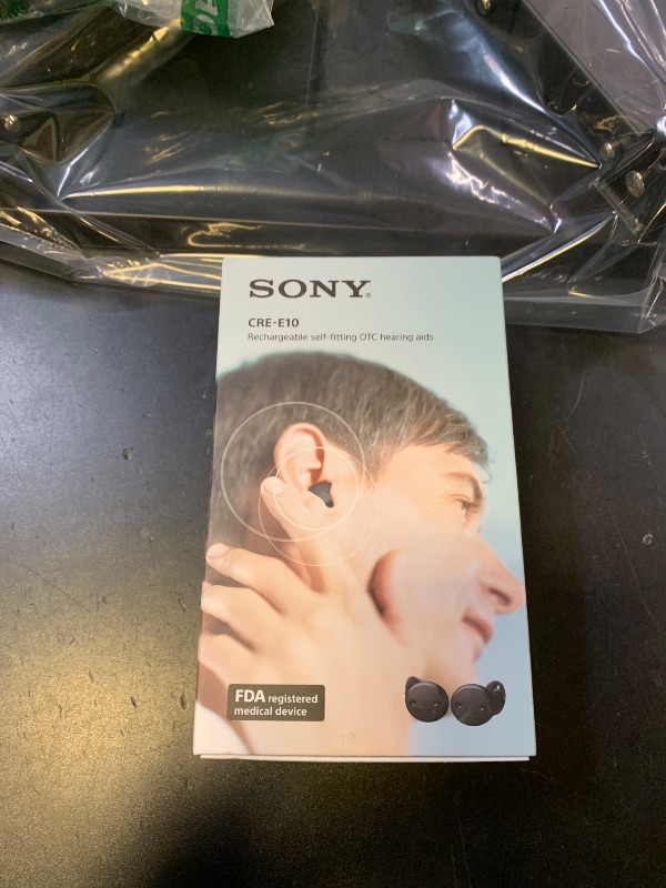 Photo 1 of Sony CRE-E10 Self-Fitting OTC Hearing Aids for Mild to Moderate Hearing Loss, Prescription-Grade Sound Quality, Comfortable Earbud Design, Bluetooth Enabled for iOS, and Rechargeable Battery, Black