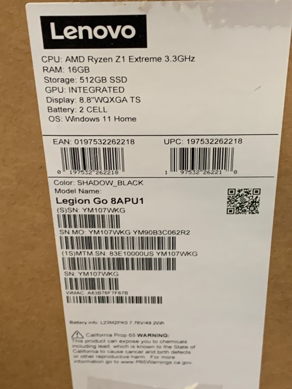 Photo 1 of Lenovo Legion Go 8.8" 144Hz WQXGA Handheld Touchscreen Gaming PC AMD Ryzen Z1 Extreme 16GB RAM 512GB SSD Shadow Black, 8APU1