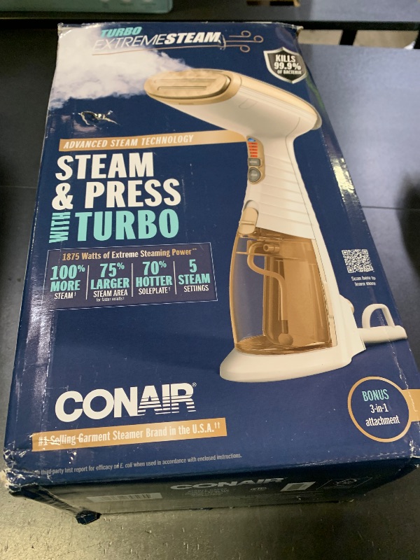 Photo 1 of Conair Handheld Garment Steamer for Clothes, Turbo ExtremeSteam 1875W Fabric Steamer, Portable Handheld Design, Strong Penetrating Steam, White/Champagne