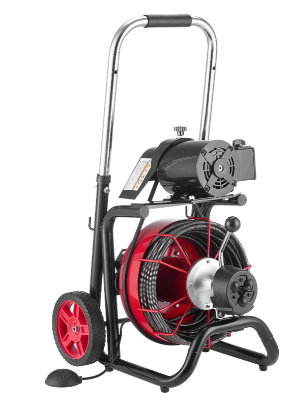 Photo 1 of **USED** UNTESTED* VEVOR Drain Cleaner Machine 100FT x 3/8 Inch, Auto Feed Sewer Snake Auger on Wheels, 370W Portable Drain Cleaning Machine with 8 Cutters & Air-activated Foot Switch for 2" to 4" Pipes