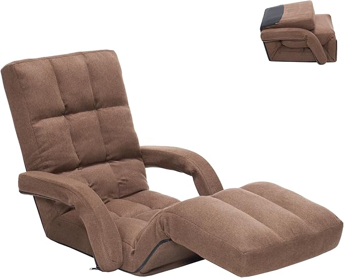 Photo 1 of Adjustable Floor Gaming Chair for Adults with Armrests & Adjustable Footrest, 14-Position Folding Chaise Lounge Sofa for Living Room, Bedroom, Balcony (Brown)