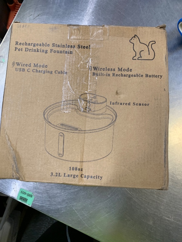 Photo 1 of Wireless 3.2L/108oz Stainless Steel Cat & Dog Water Fountain – Cordless Pet Dispenser with Ultra-Quiet Pump, Motion Sensor, Easy-to-Clean Hygienic Design, Encourages Hydration, Multi-Pet Homes