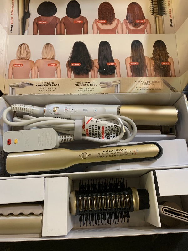 Photo 1 of Shark Glam Ceramic & Powerful Air Styling & Drying System, with Silki Straightener & Shark Glossi Air Glosser, for Drying, Curling, Straightening & Glossing, Gold, HD6051S (Straight & Wavy Hair)