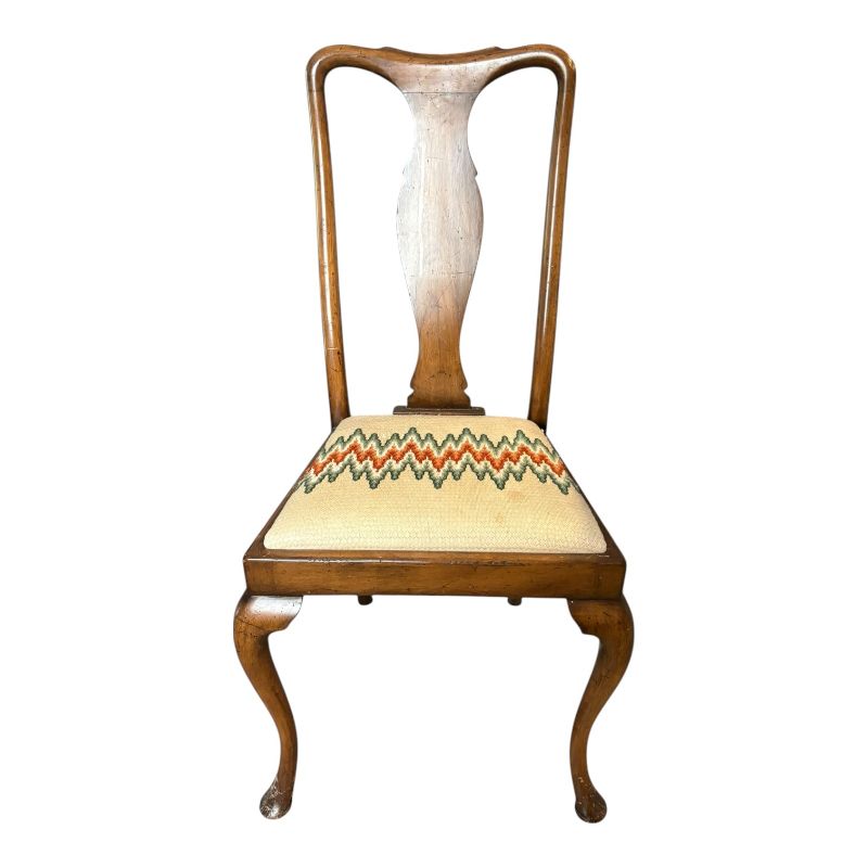 Photo 1 of ANTIQUE QUEEN ANNE STYLE CARVER SIDE CHAIR W WOODEN FRAME AND NEEDLEPOINT UPHOLSTERED SEAT H18.5” CHAIR H41”
