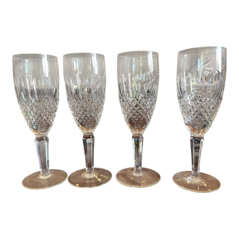 View 1 of (4)PCS WATERFORD CRYSTAL COLLEEN TALL STEM FLUTED CHAMPAGNE GLASS DIAMOND CUT PATTERN H7"