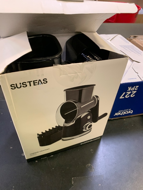Photo 1 of **PARTIAL SET---MISSING HANDLE**SUSTEAS Rotary Cheese Grater with Handle,Vegetable Slicer with 6 Interchangeable Blades, Reinforced Suction,Easy to Clean,Kitchen Shredder for Crushed Ice,Fruits and Nuts with Blade Storage Case,Black