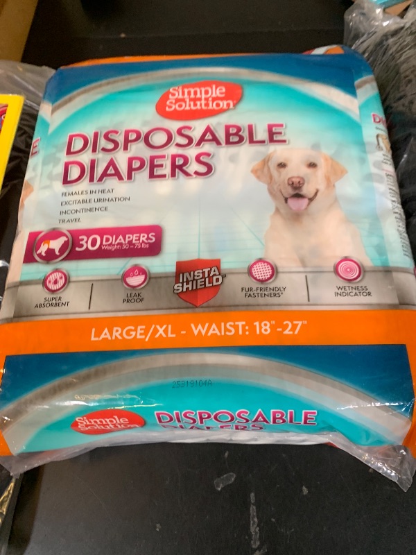 Photo 1 of Simple Solution Disposable Dog Diapers, Female Dog Diapers, Puppy Potty Training, Incontinence and Heat Cycle Protection, Large Diapers for Dogs, 18-27 Inch Waist, 30 Count