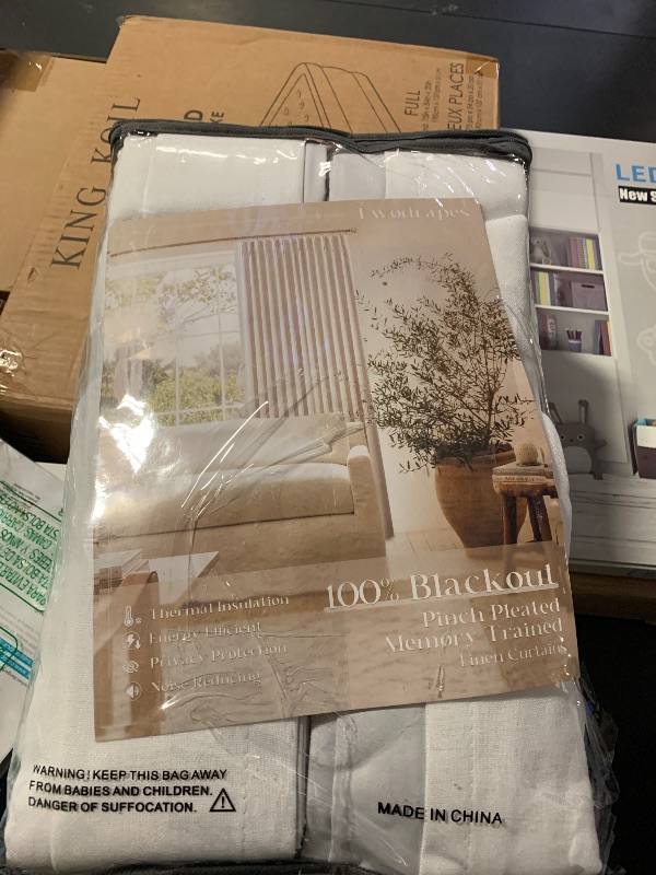 Photo 1 of 102 Inches Long Pinch Pleated Linen Blackout Curtains for Bedroom Back Tab Track Memory Trained Shape Farmhouse Light Blocking Curtains 102 Inch Length for Living Dining Room Darkening Drapes Cream