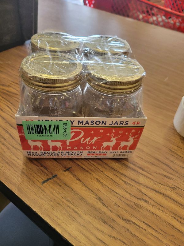 Photo 1 of 16oz Mason Jar, Regular Mouth Christmas design with Embossed Santa and Snowflake, Gold Lid and Band - Case of 4