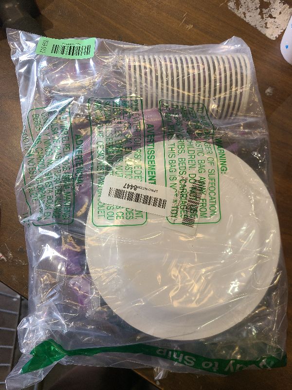 Photo 1 of 168 Pcs Purple and Black Birthday Party Supplies Tableware Set Party Plates, Knife,Forks,Spoons, Cups and Napkins Table Decorations for Women Girls Birthday Party Decorations, 24 Guests