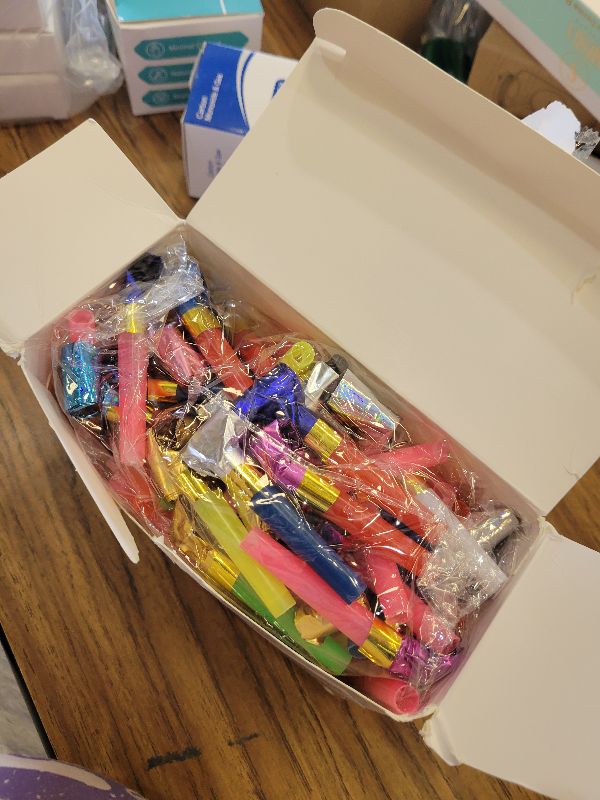 Photo 1 of 100 Pcs Party Blower, Colorful Birthday Noisemakers Funny Birthday Blow Horns Squawkers Party Whistles New Years Party Favors for Kids Adults