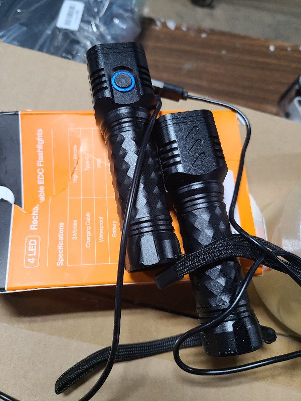 Photo 1 of 2 Pack Rechargeable Flashlights High Lumens, 2000mAh Battery Powered Super Bright LED Flashlight, USB C Handheld Metal Pocket Flashlight Small EDC Tactical Flash Light for Home Camping Fishing Hiking