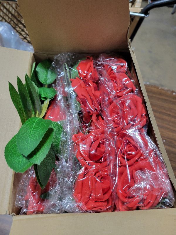 Photo 1 of 150 Pieces Artificial Roses Flowers Bulk Fake Roses with Long Stem Faux Bridal Flower Bouquets for DIY Wedding Centerpiece Arrangements Bridal Shower Party Home and Office Decor(Red)