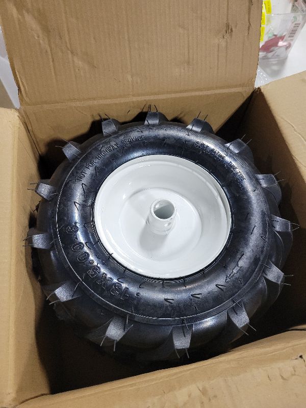 View 2 of 13x5.00-6" Tiller Tire and Wheel 2 Pack 1 Inch Hub 3-1/8" Centered Hub Length Agriculture Super Lug Tractor & Trencher Tire Replacement