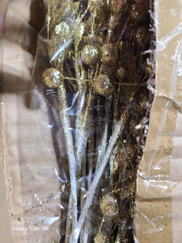 Photo 1 of 24 Pack Christmas Tree Decorations Picks and Sprays, Christmas Ornaments Artificial Glitter Berry Stems Branches Picks Twigs for Xmas Tree Vase Filler Home Holiday Decor (Gold-A)
