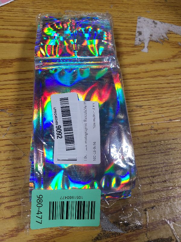Photo 1 of 100 Pack Holographic Resealable Plastic Bags for Food Storage, Zipper Bags with Clear Front Window, Packaging Pouch for Small Business (100 Pack, 3.6x6.4 inch)