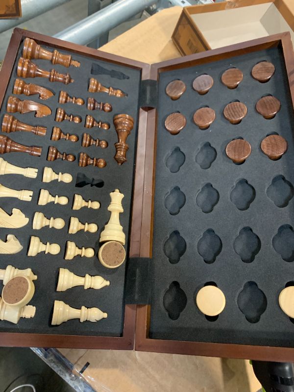 Photo 1 of ***INCOMPLETE SET **AMEROUS Magnetic Wooden Chess and Checkers Game Set, 15 Inches (2 in 1) Chess Board Games, 2 Extra Queens - Gift Package - Game Pieces Storage Slots, Beginner Chess Set for Kids, Adults